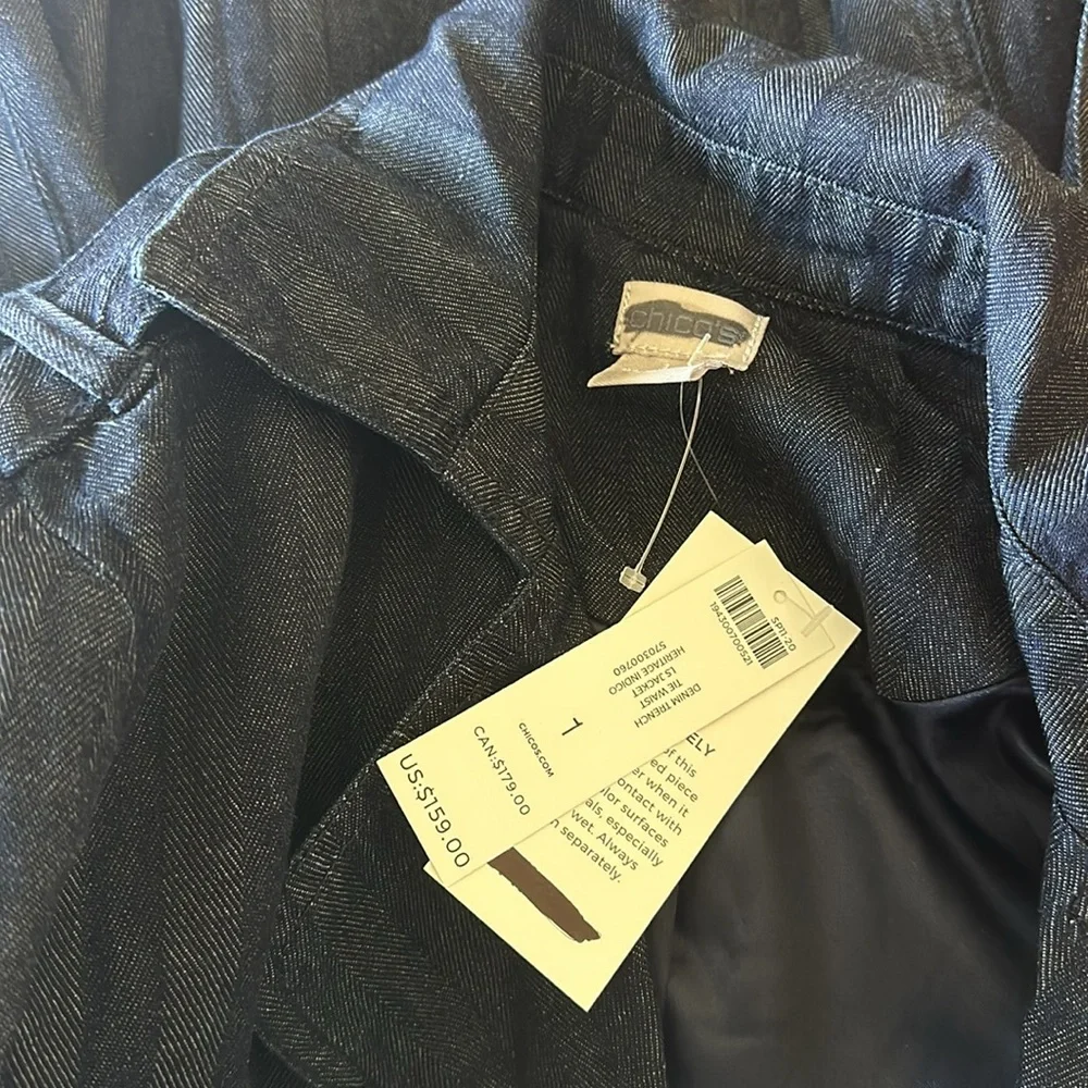 NWT CHICOS DENIM TRENCH TIE WAIST JACKET IN HERITAGE INDIGO SZ-1 US 8/10 - Picture 4 of 5